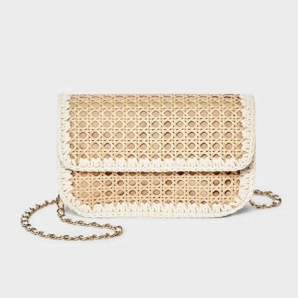 A New Day Woven Rattan Crossbody Bag Womens Small Tan NWT Boho Summer Purse NEW